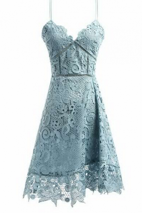Light Blue Lace Plunge V Spaghetti Straps Knee Length A-line Dress