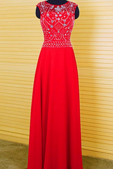 Red Long Elegant Backless Prom Dress Real Photo Chiffon Crystal Sheer Neck Evening Dresses Robe De Soiree Formal Gowns