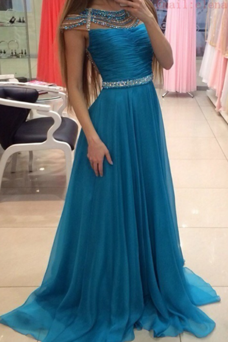 Elegant Ruffles Chiffon Prom Dresses With Beads A Line Sweetheart Plus Size Cap Sleeve Prom Gowns Floor Length Vestidos