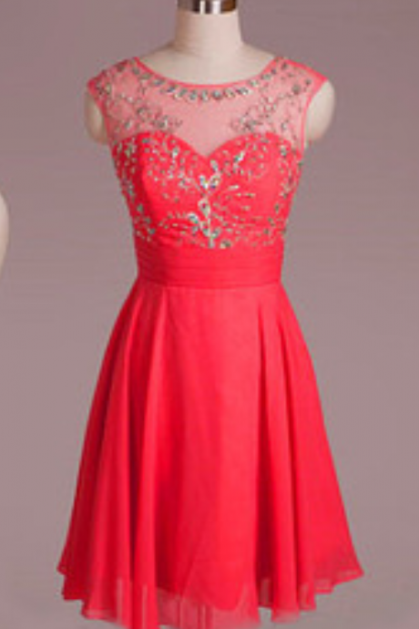 Spaghetti Straps Unique Pink Beadings Homecoming Dress,Chiffon Short Homecoming Dress Prom Dresses