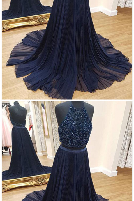 Charming Two Piece A-line Halter Navy Blue Long Prom Dress With Beading