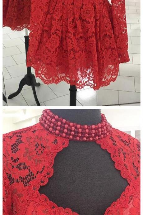 Red Lace High Neck Homecoming Dress Long Sleeves Short Prom Dress