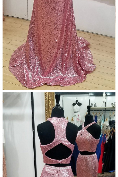 Sparkly Cross Neck Pink Sequins Mermaid Prom Dress,two Piece Sleeveless Sweep Train Evening Dress