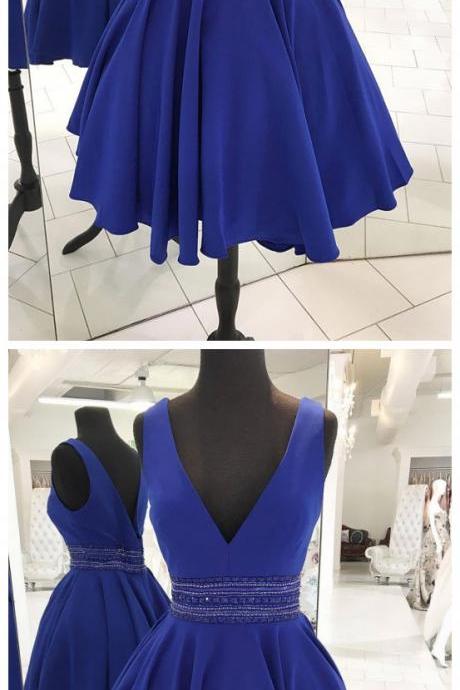 V-neck Beaded Homecoming Dress,a-line Royal Blue Short Prom Dress