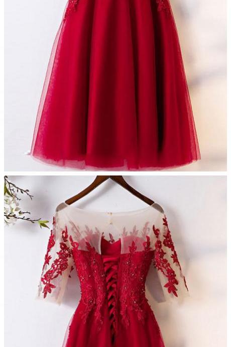 Tulle Round Neck Prom Dress,tea Length Half Sleeves Evening Dress,wedding Party Dress