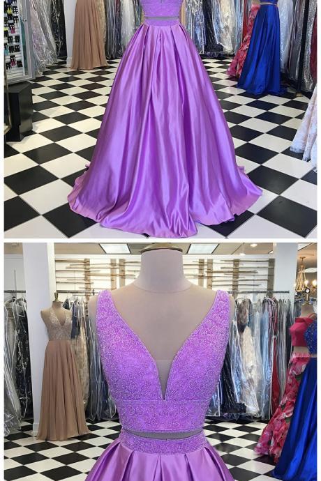 Two Piece V-neck Sweep Train Lilac Beaded Prom Dress