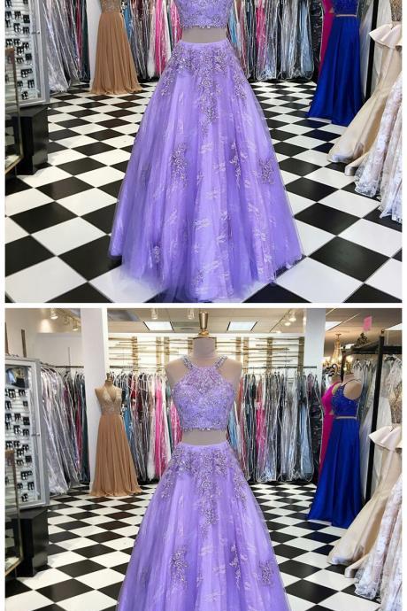 Two Piece Jewel Floor-length Lavender Beaded Prom Dress With Appliques
