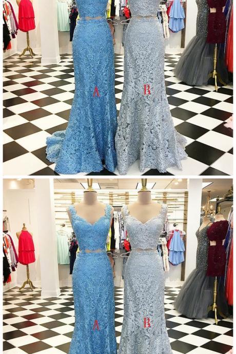 Two Piece Mermaid Scoop Sweep Train Blue Lace Prom Dress