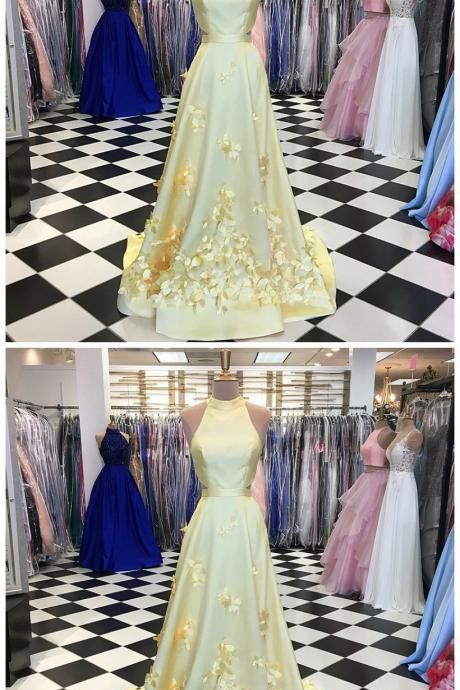 A-line Jewel Sweep Train Open Back Daffodil Satin Prom Dress With Appliques
