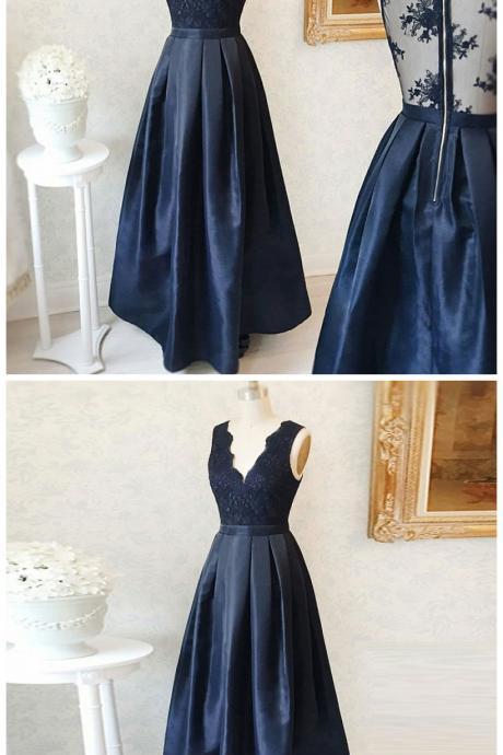 A-line V-neck Navy Blue Satin Prom Dress With Lace