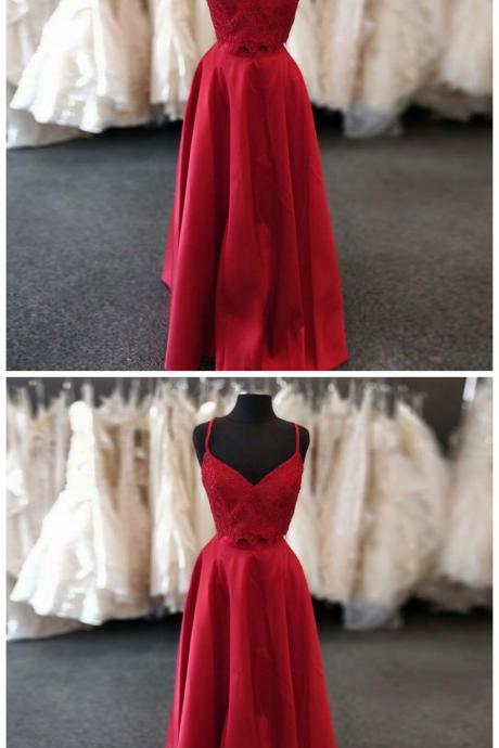 Two Piece A-line Spaghetti Straps Red Satin Prom Dress With Lace Beading