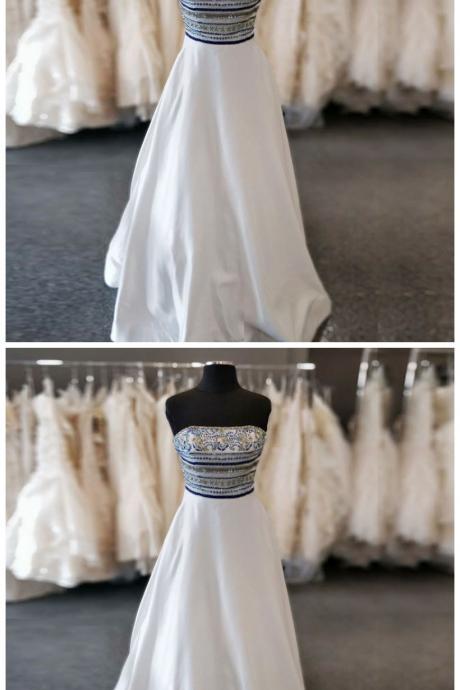 A-line Strapless Floor-length White Beaded Prom Dress