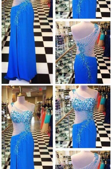 Unique Design One Shoulder Side Split Blue Sexy Long Prom Dresses