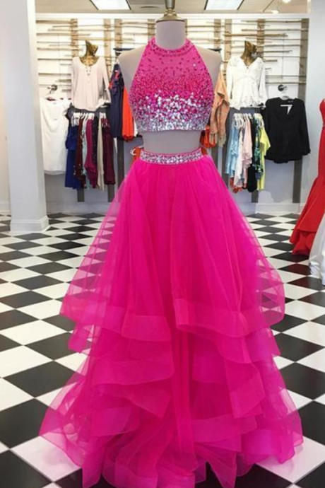 Two Pieces Prom Dresses, Ruffles Quinceanera Dresses,ball Gowns Tulle ,crystal Beaded Graduation Dresses