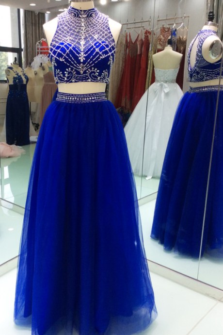 Modest Royal Blue Prom Dress 2 Pieces Tulle High Neck Keyhole Back With Blingbling Crystal Beaded Long Evening Formal Dress