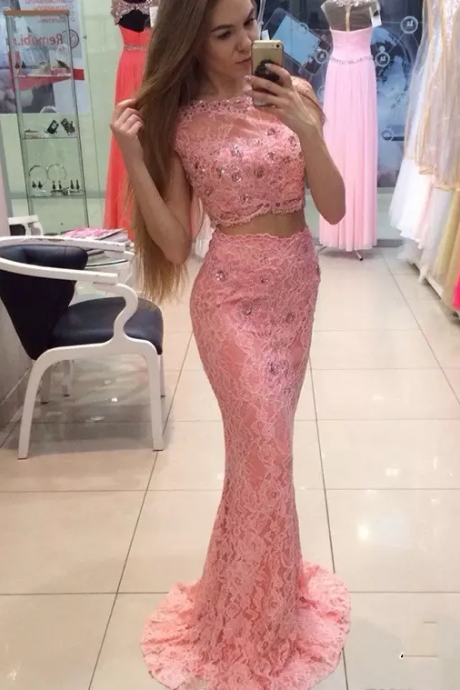 Newest Lace Two Pieces Pink Mermaid Evening Dresses Lace Sweep Train Formal Celebrity Evening Gowns Special Occasion Dresses Prom Dresses