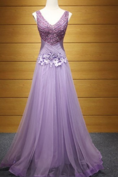 A-line V-neck Floor-length Tulle Prom Dress With Beading,Backless Prom Dresses, V-Neck Prom Dress,Mermaid Prom Dresses, Length Prom
