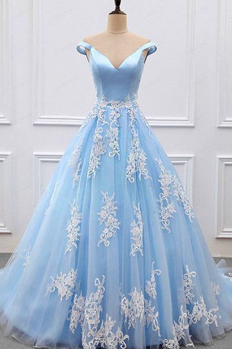 Stylish Blue V Neckline Off Shoulder Long Tulle Senior Prom Dress With Appliques
