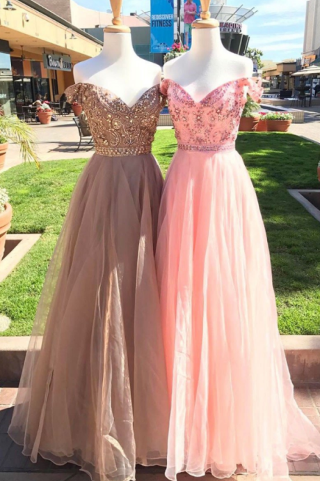 Off The Shoulder Prom Dresses Long Open Back Crystal Beads Sequins Organza Skirt A-line Dresses Evening Wear Formal Party Gowns