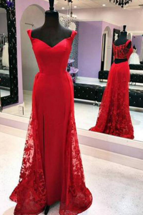 Red Lace Sweetheart Long A-line Bridesmaid Dress, Long Customize Graduation Dress