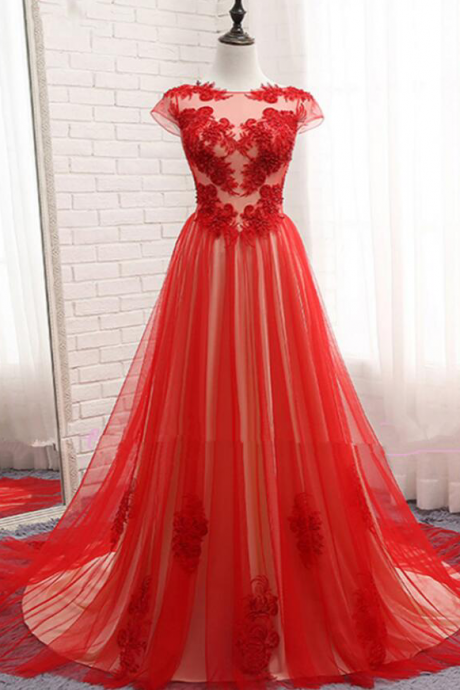 Design Red Tulle Scoop Neck Long Cap Sleeves Evening Dress With Lace Appliqués