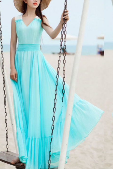Light Blue Evening Dresses Long Elegant Chiffon V Neck Prom Dress Formal Gowns
