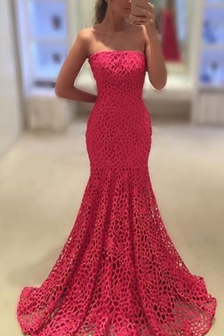 Custom Made Fuchsia Pink Bandeau Neckline Lace Floor Length Mermaid Prom Dress