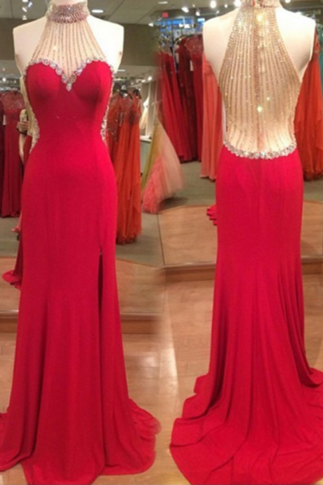 Evening Dress,party Dresses, Sexy Mermaid High Neck Sweep Train Red Prom Dress With Beading Rhinestone