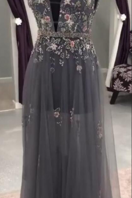 Modest Grey Long Prom Dresses With Beading, Unique Deep V Neck Evening Gowns, Glamorous Tulle Beaded Party Dress