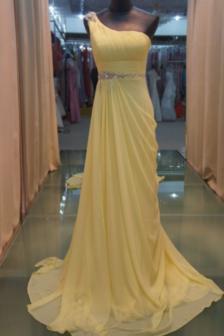 One Shoulder Long Chiffon Yellow Prom Dress Crystals Women Evening Dress