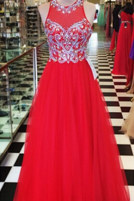 Red Tulle Prom Dresses,long Tulle Prom Dresses,a-line Tulle Prom Dresses,beaded Prom Dresses,see Through Formal Gowns,long Beaded Evening Dresses