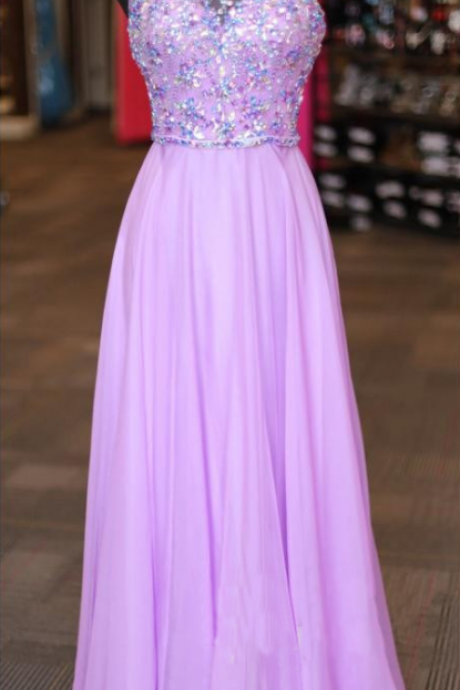 Long Beaded A-line Lilac Chiffon Prom Party Dresses Sexy Formal Gowns Evening Pageant Dresses