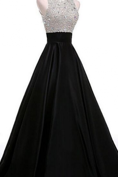 O-neckline Black Beading A-line Prom Dresses, Prom Dress,prom Dresses For Teens,satin Evening Dresses