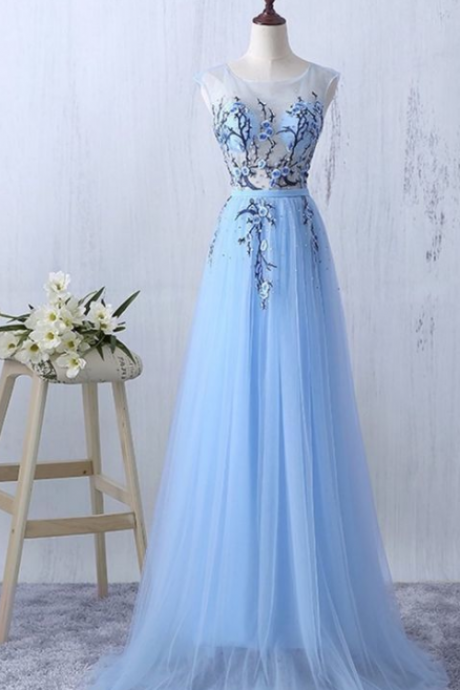 Ice Blue A Line Long Tulle Prom Dresses With Applique