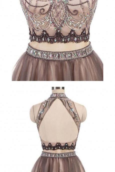 A-line Two Piece Halter Backless Brown Tulle Short Homecoming Dress With Beading
