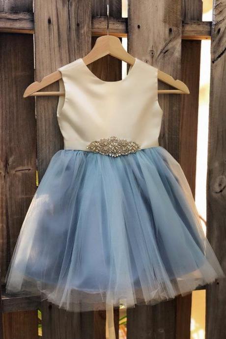 Dusty Blue Flower Girl Dress, Rhinestone Flower Girl Dresses, Sash Elegant Satin Tulle Flower Girl Dresses, Dusty Blue Wedding