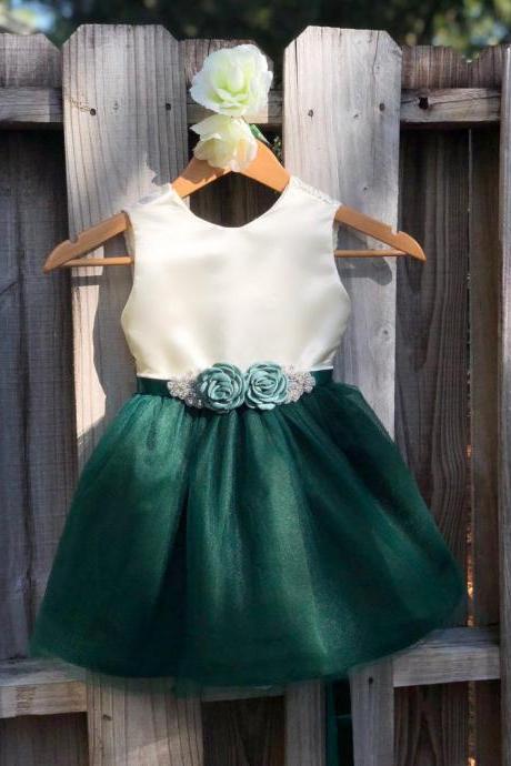 Emerald Green Flower Girl Dress With Rhinestone Flower Sash. Elegant Ivory Satin And Emerald Tulle Flower Girl Dresses, Hunter Green Wedding