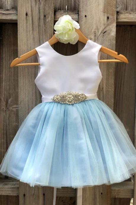 Dusty Blue Flower Girl Dress Rhinestone Flower Sash Elegant Satin Tulle Flower Girl Dresses, Dusty Blue Wedding