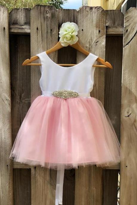 Pink Flower Girl Dress With Rhinestone Sash. Elegant White Satin And Pink Tulle Flower Girl Dresses For Baptism,