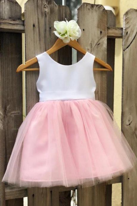 Pink Flower Girl Dress, Pink And White Flower Girl Dress, Satin Tulle Flower Girl Dress, Party Girl Dress, Baptism Dress, Birthday Dress