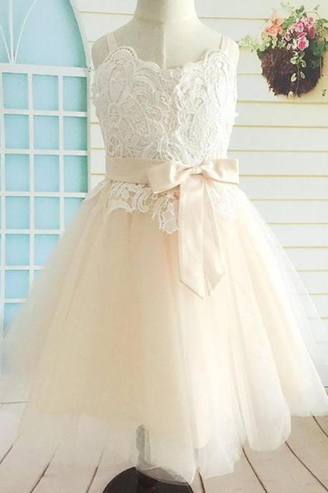 Wedding Champagne Flower Girl Dress, Lace Applicated Tulle Flower Girl Dress Tea Length