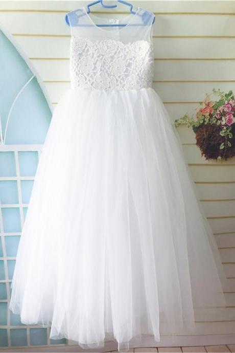 White Lace Flower Girl Dress, Tulle Flower Girl Dress, Flower Girl Dresses For Wedding, Birthday Girl Dress, Tutu Dress Floor Length