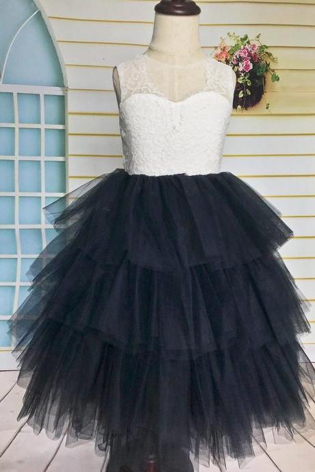 Layered Lace Tulle Flower Girl Dress, Tutu Girl Dress With Navy Blue Skirt For Wedding
