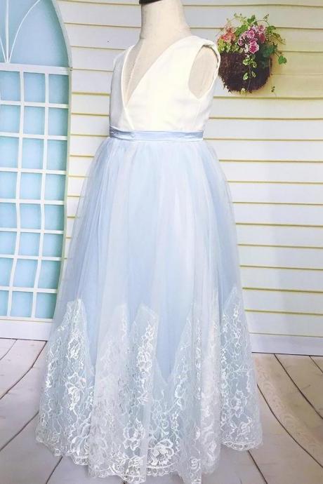 Light Blue Lace Tulle Flower Girl Dress, Lace Flower Girl Dress With V Neck Floor Length For First Communion Wedding Or Birthday