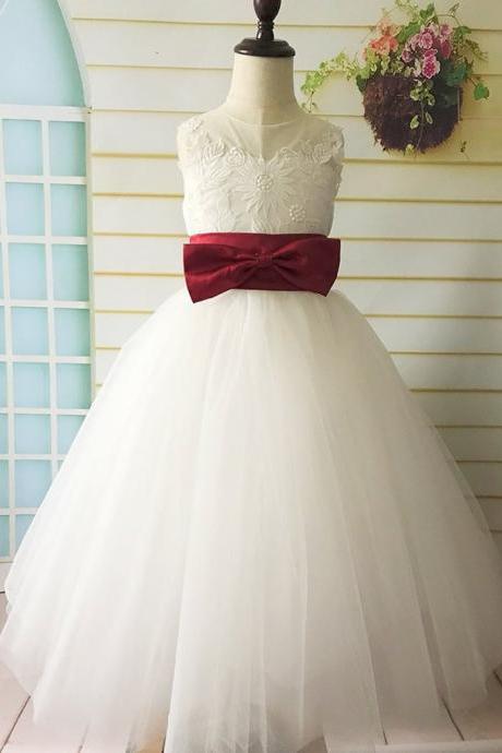 Lace Tulle Flower Girl Dress, Wedding Girl Dress, Tutu Dress, First Communication Dress with Apple Red Sash Bows V Back 