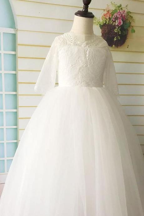 Lace Tulle Flower Girl Dress, Wedding Girl Dress, Birthday Girl Dress, Tutu Dress With Short Sleeves Floor Length