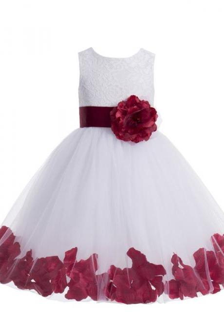 White Special Design Floral Heart Shaped Cut Out W/ Petals Flower Girl Dress