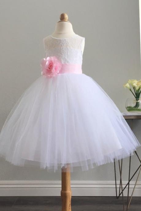 Floral Lace White Flower Girl Dress, Recital White Dress, Holiday Dresses, Pageant Dress, Christening Dress, Baby Girl Dress