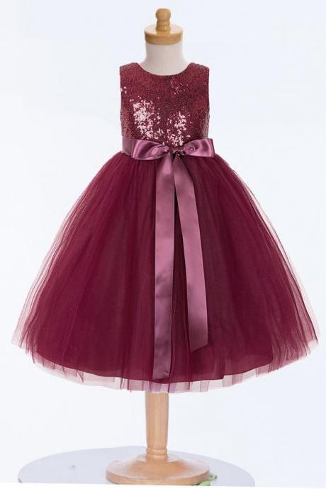 Burgundy Sequin Mesh Flower Girl Dress, Ivory Tulle Dresses, Pageant Girl Dresses, Formal Dresses