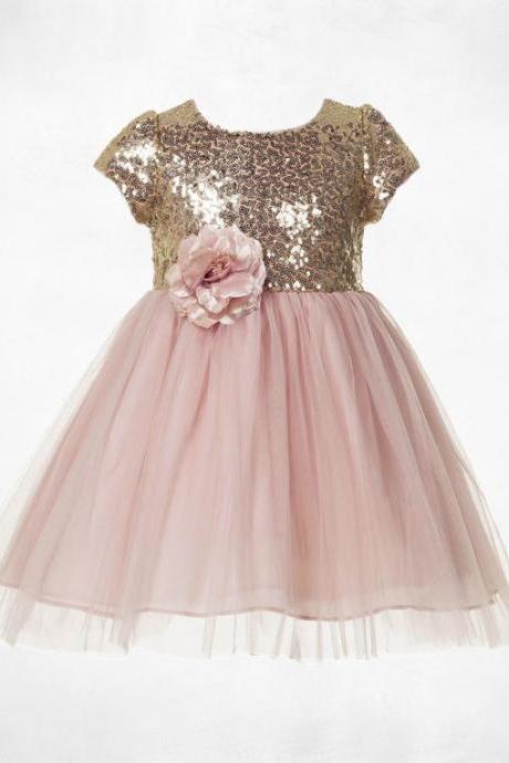 Sequin Flower Girl Dress, Tulle Flower Girl Dress, Short Sleeves Girl Dress, Pink Dresses, Knee length Dress